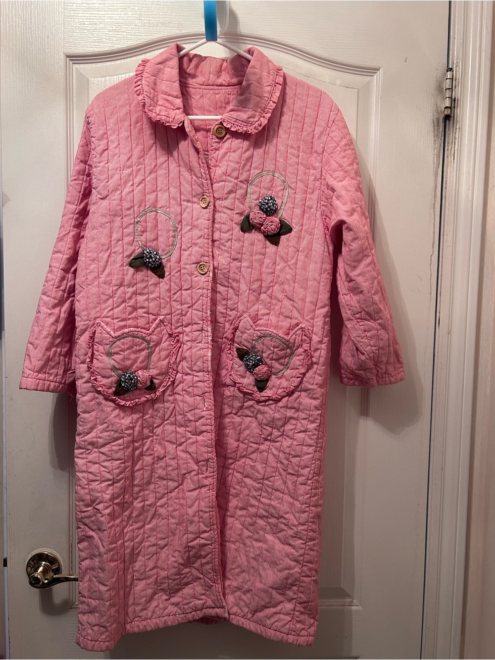 Pink Quilted Long Robe with Floral Appliqué